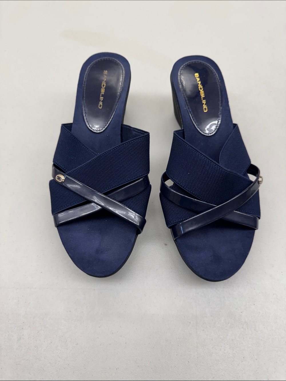 Bandolino Navy Crisscross Slip-On Wedge Mules
